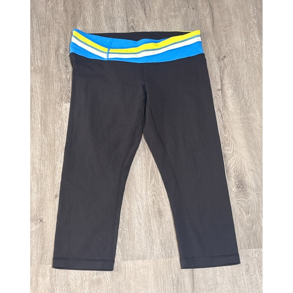 Lululemon Athletica Black Crop Leggings Blue Yellow Stripe Waistband Size 10